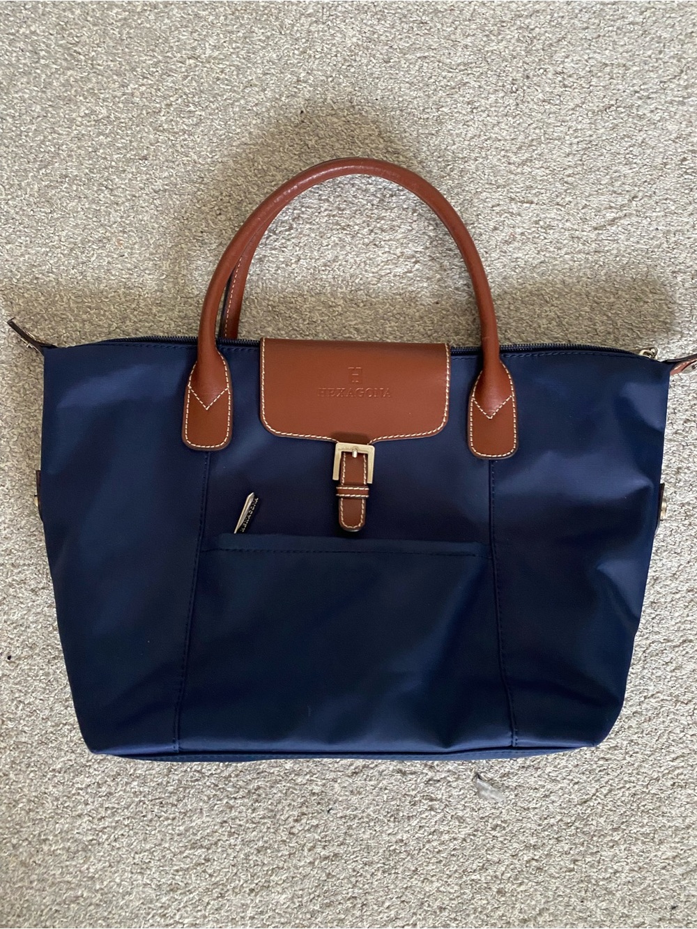 Hexagona Navy and Brown Women's Tote Bag with Leather Trim